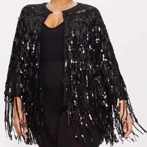Pretty Little Thing BLACK SEQUIN FRINGED JACKET